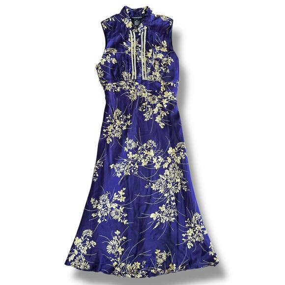Jonathan Martin Studio 100% Silk Purple Gold Floral Embroidered Midi Dress Sz 8 - Picture 1 of 11